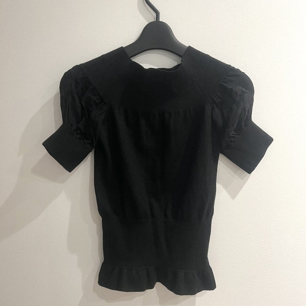 Calvin Klein Black Knit Top with Chiffon Ruffled Sleeve